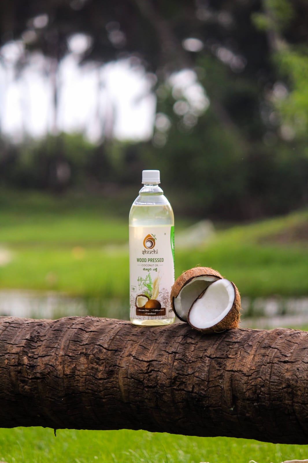 House of Shuchi wood-pressed coconut oil bottle with fresh coconut outdoors