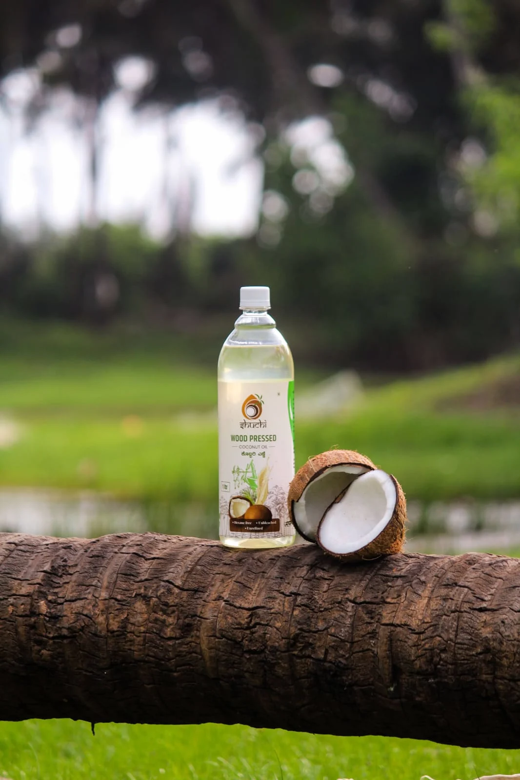 House of Shuchi wood-pressed coconut oil bottle with fresh coconut outdoors