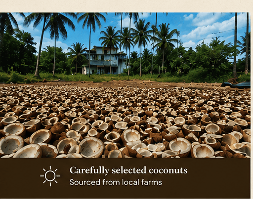 Coconut halves drying in an open yard near Brahmavar