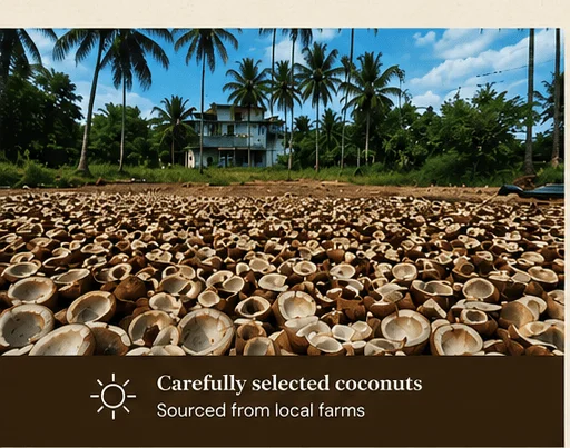 Coconut halves drying in an open yard near Brahmavara